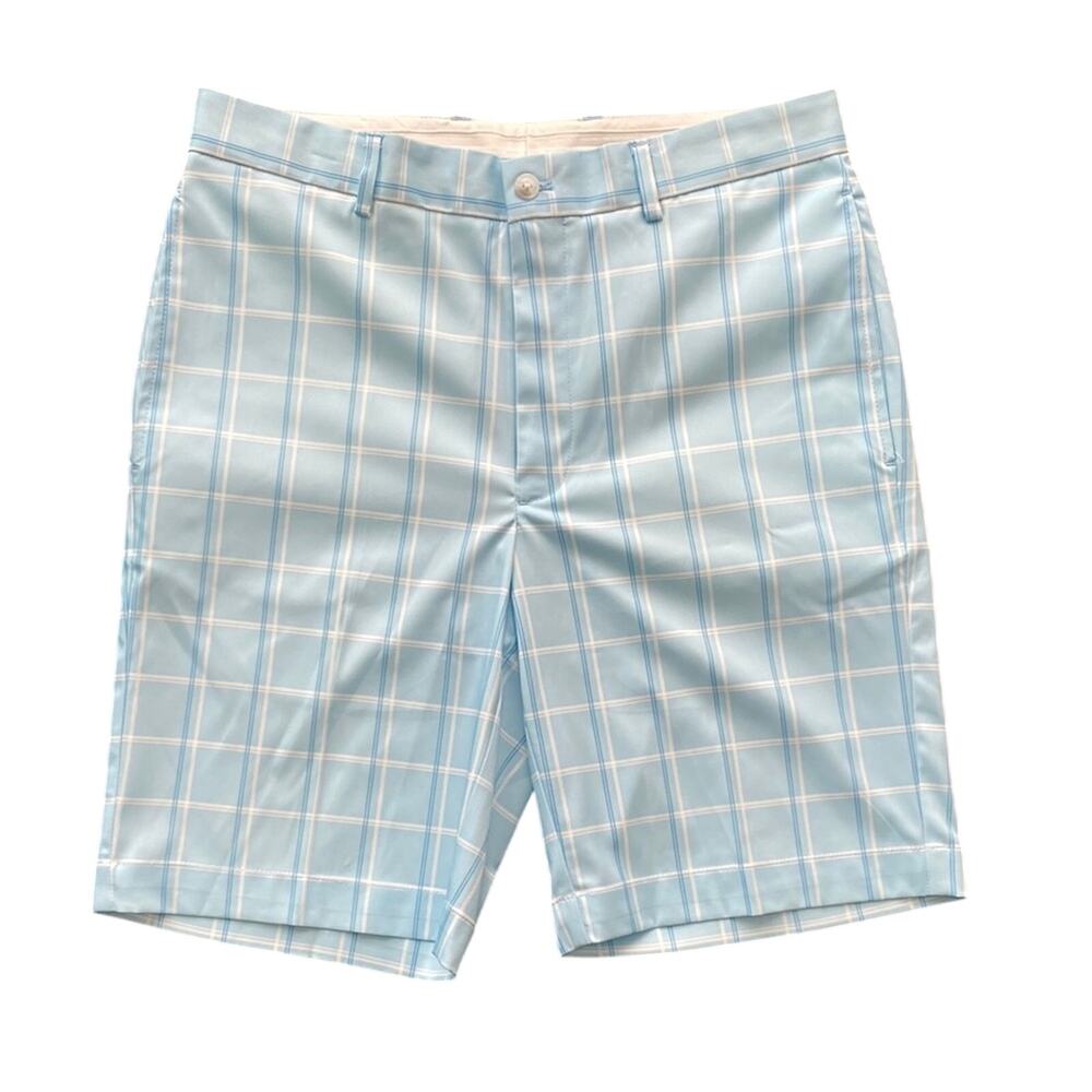 GREG NORMAN Plaid Golf Short Mens Sz 32 Blue White Flat Front